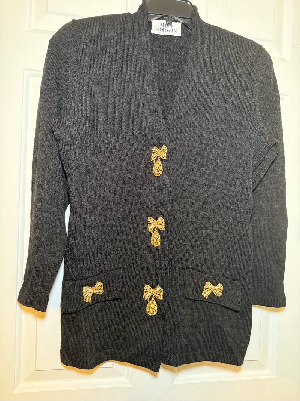 Mike Korwin Vintage Black Wool V-Neck Cardigan Sz 10 Gold Rhinestone Bow Buttons